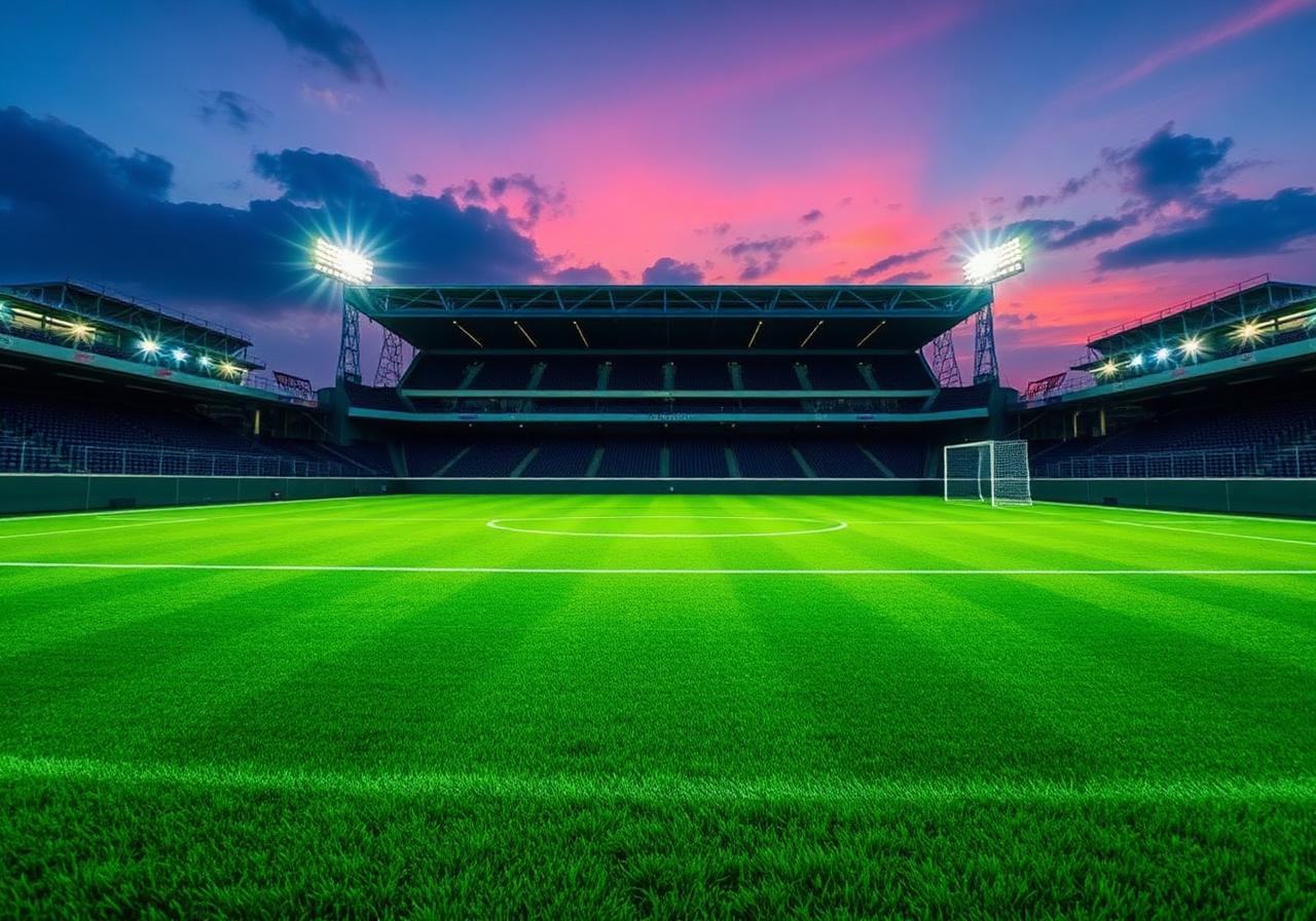 Fotbollsplan med perfekta klippmönster i skymning